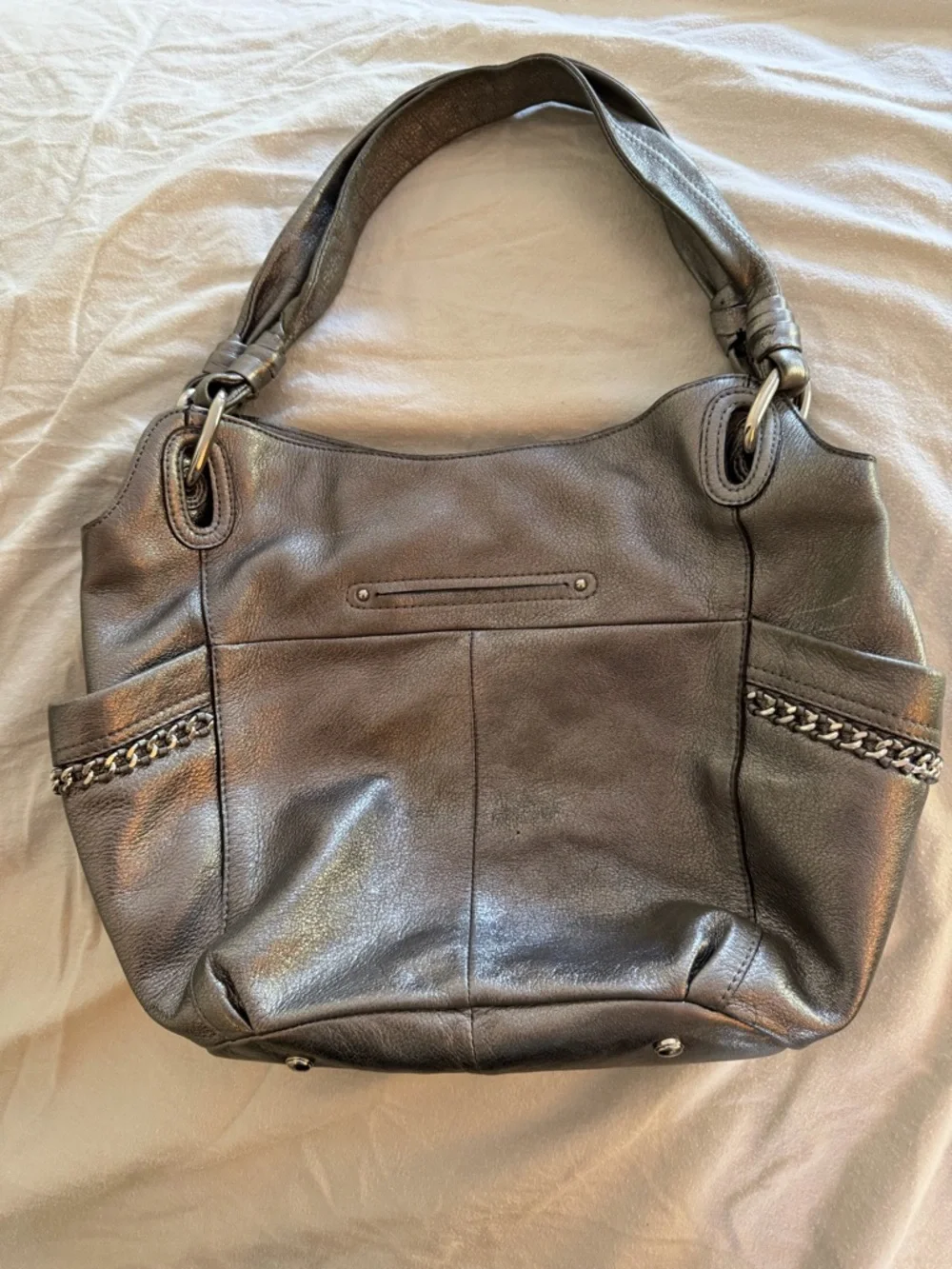 b. makowsky Metallic Gray Leather Shoulder Satchel - Picture 4 of 10
